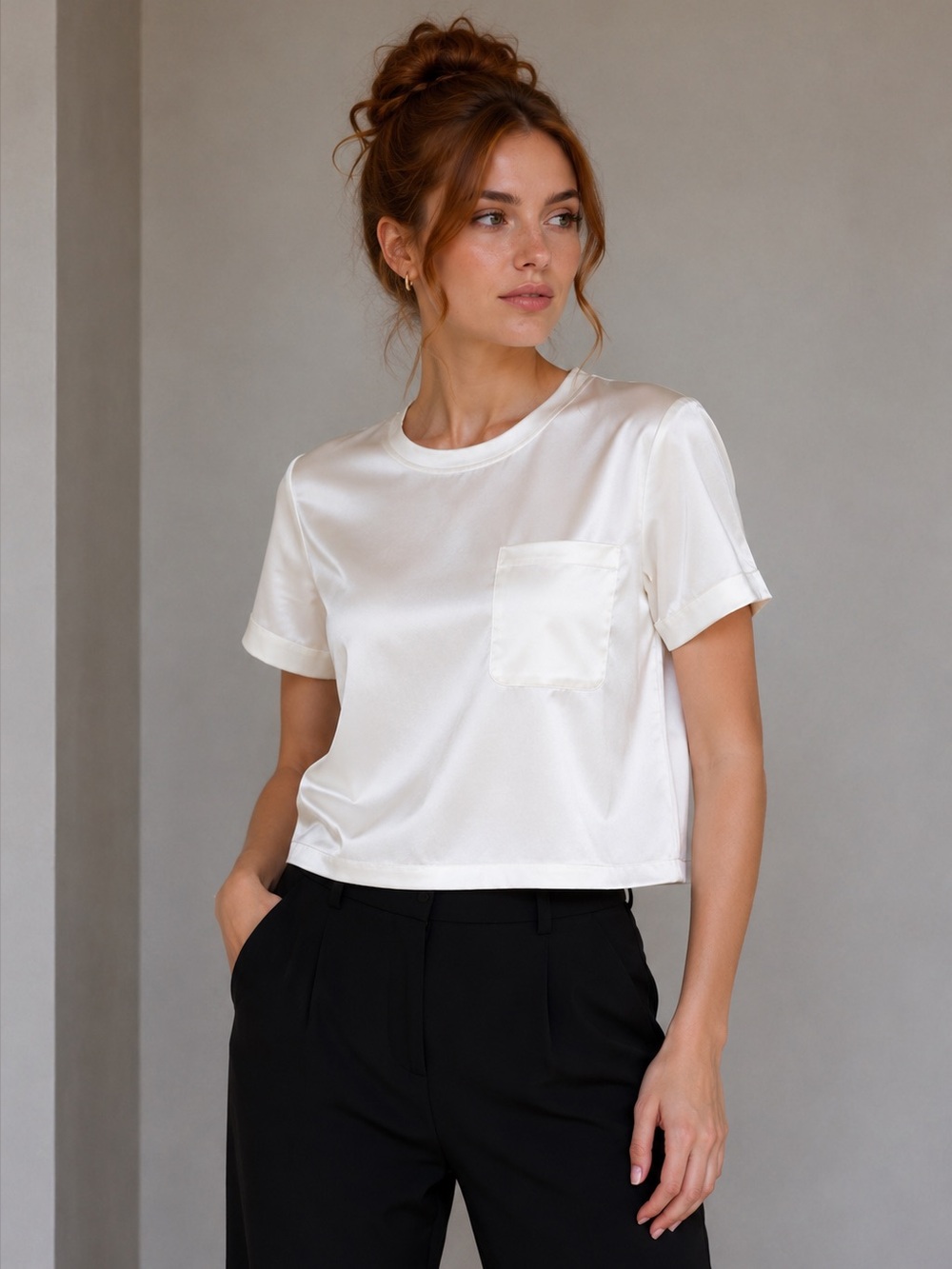 NWT Good American Woven Satin Pocket T-Shirt Ivory Size 0/XS